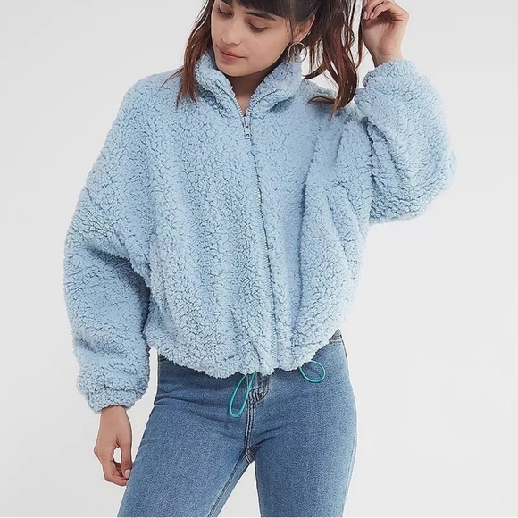 UO Willow Fuzzy Blue Drawstring Teddy Jacket - Picture 1 of 16